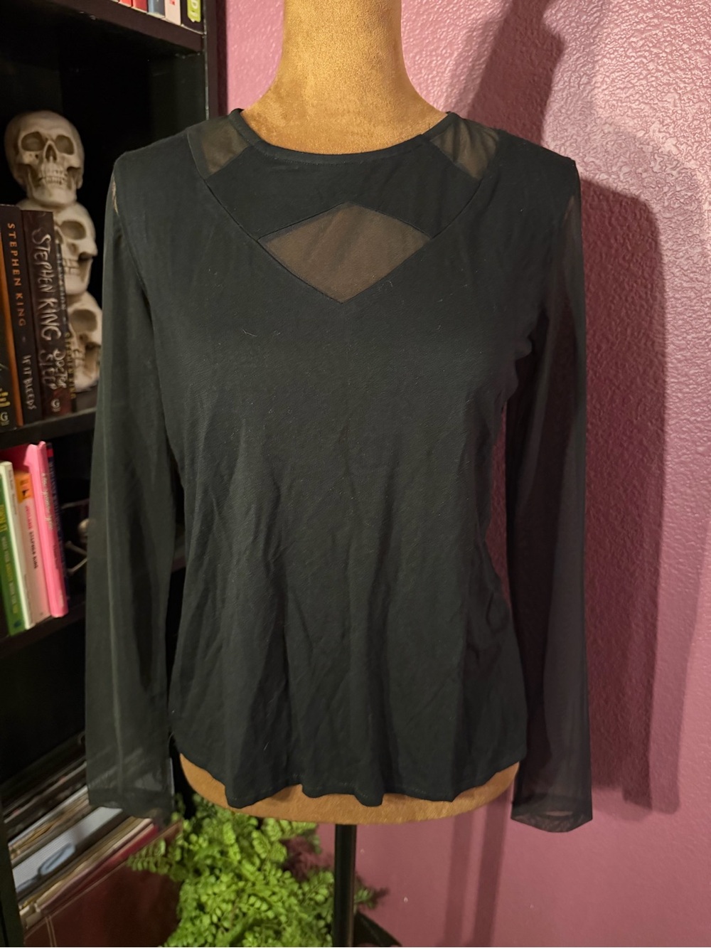 Black Long-Sleeve Mesh Inset Women's Top
